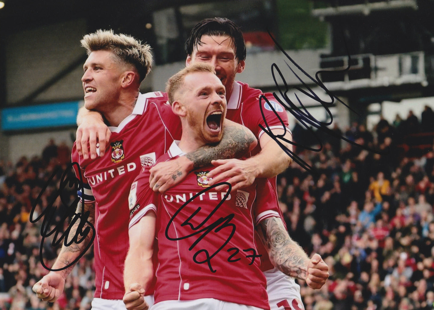 Kiefer Moore Josh Windass Lewis O’Brien Hand Signed Wrexham 12X8” Photo