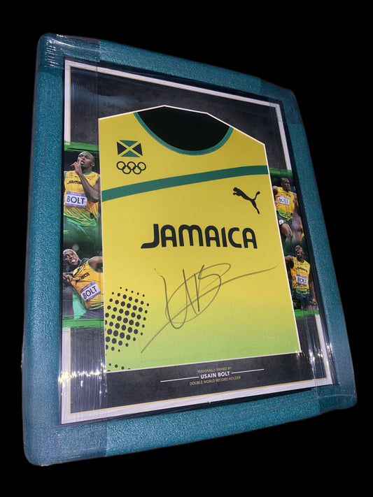 Usain Bolt Hand Signed Jamaica London 2012 Olympics Sprinting Vest Framed